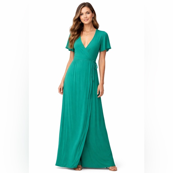 Lulus Dresses & Skirts - Lulus Green Maxi Wrap Dress Small Flutter Sleeve Deep V Tie Waist Bohemian